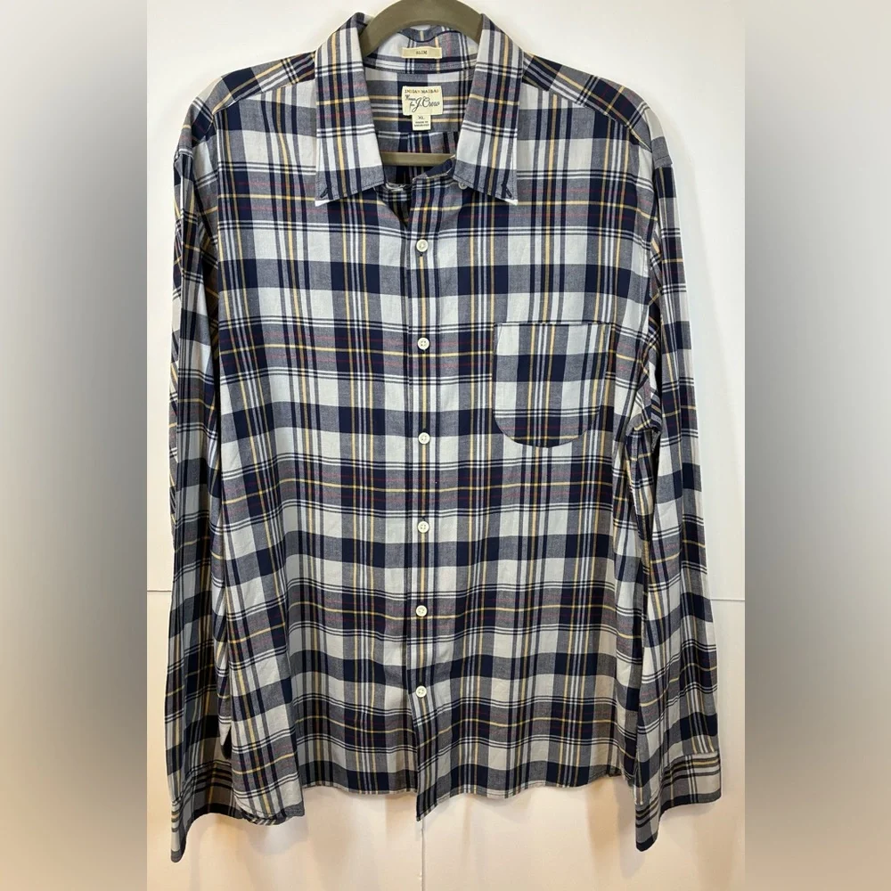 J. Crew Indian Madras Plaid Shirt Mens XL Slim Fit Blue Yellow Button Down